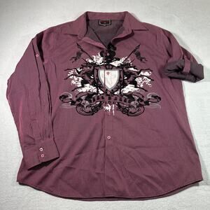 Y2k 2000s Affliction Style Striped Shield Cross Wings AOP Button Shirt 2XL VTG